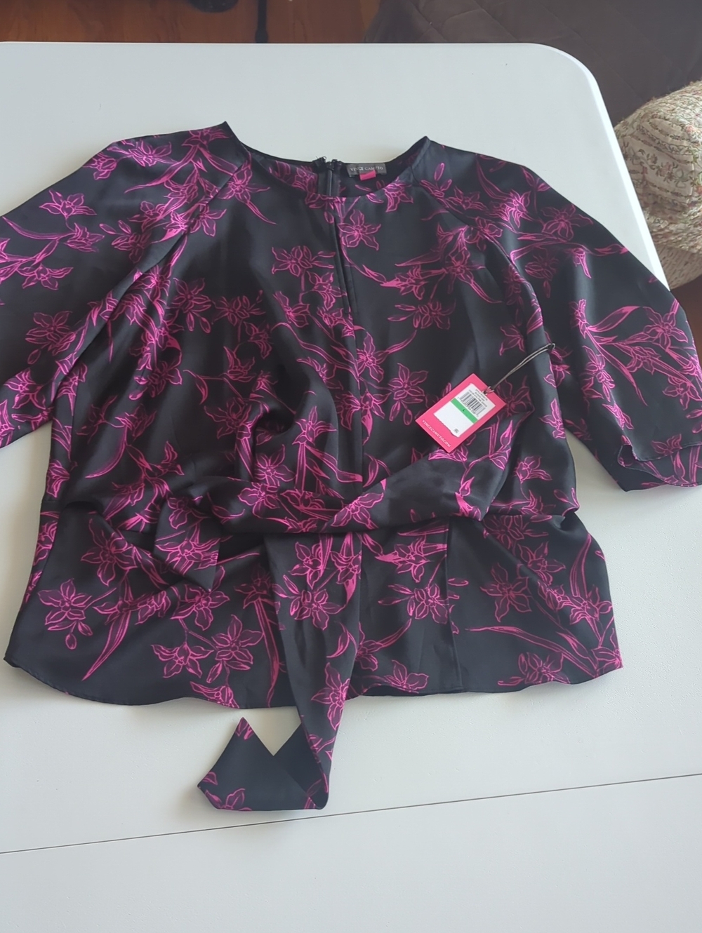Vince Camuto Black Blouse with Magenta Floral Print and Waist Tie